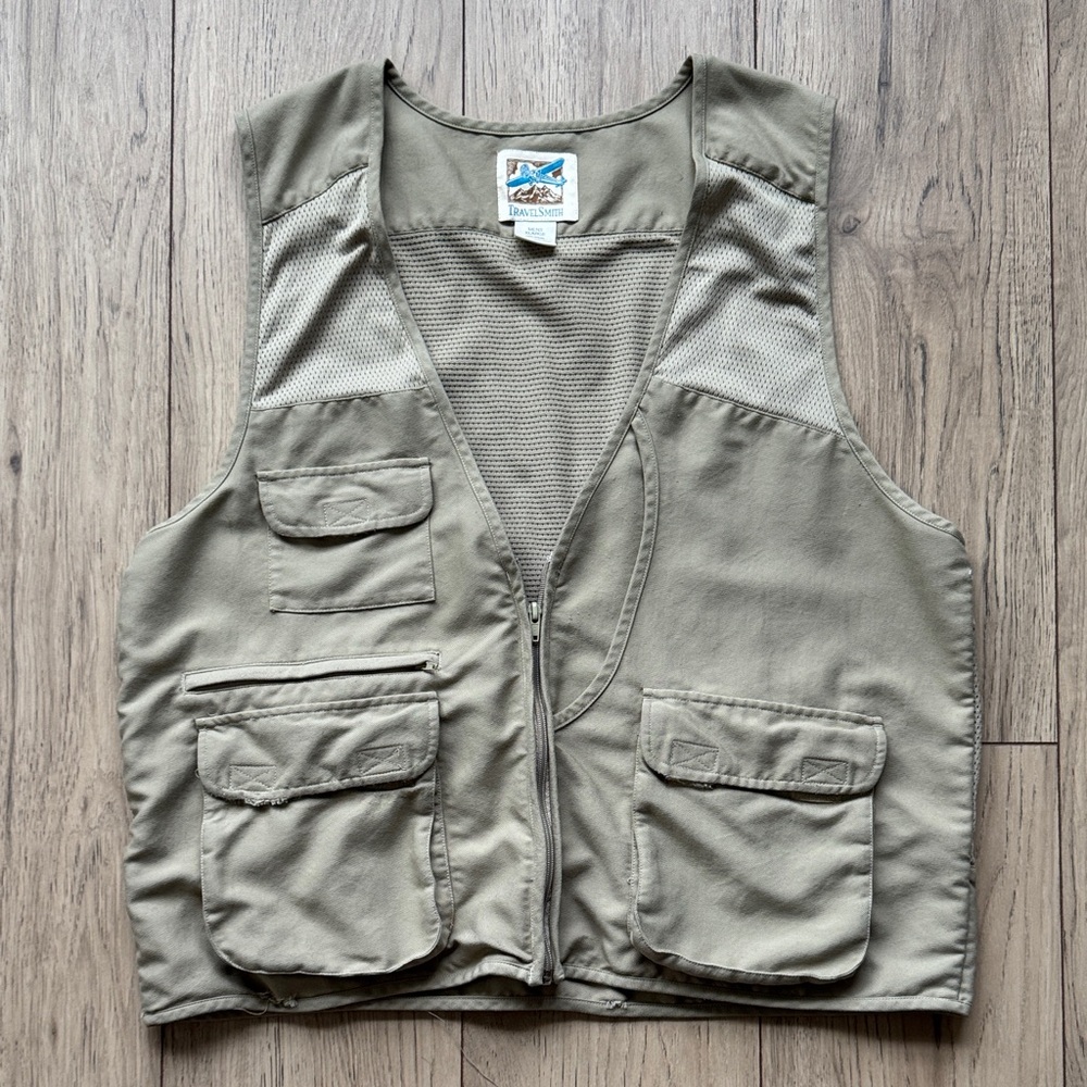 Vintage 90s TravelSmith Men’s Safari Cargo Utility Fishing Vest XL Tan Zipper